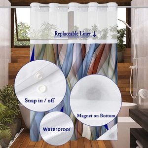 Detail of waterproof marble shower curtain showing snap-in liner and bottom magnets