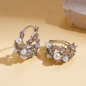Retro silver hollow basket hoop earrings with rhinestones and faux pearls for women