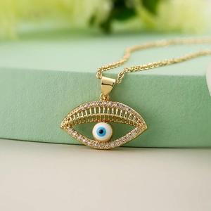 18K gold plated copper evil eye pendant necklace with cubic zirconia and blue enamel details