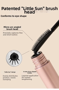 Detail of mascara wand with unique curved brush head and rose gold metallic rim