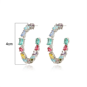 Gold-plated hoop earrings with colorful zircon inlays and 4cm circular geometric design