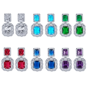 Rectangle Drop Earrings Brass Synthetic Gemstone Double Halo Zircon Elegant Vintage Jewelry For Women Fashion Accessory
