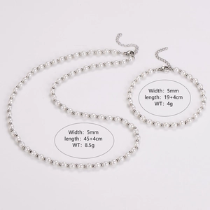 Detail of pearl necklace and bracelet set showing dimensions, 5mm width and lobster clasp