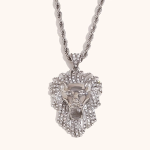 Collier hip hop avec pendentif tête de lion argenté serti de cristaux et chaîne torsadée