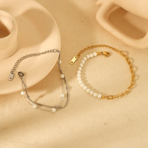 Double Layer Stainless Steel Artificial Pearl Bracelet Elegant INS Style Jewelry For Women Non-fading