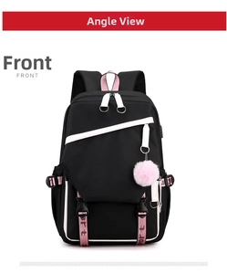 Front view of black minimalist backpack with white zipper detail and sport strap