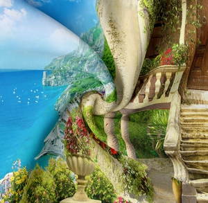Detailed view of high-definition 3D print texture on a Mediterranean landscape tapestry