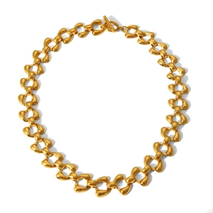 Polished gold stainless steel chain necklace with stylized links and a toggle clasp