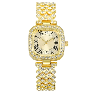Elegant gold square watch for women with sparkling rhinestones and Roman numerals