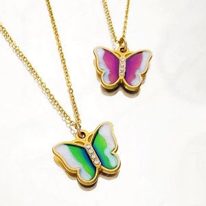 Golden stainless steel butterfly pendant necklace with gradient enamel and crystals