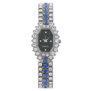 Fashion women's silver quartz watch with sparkling blue crystals and black starry dial