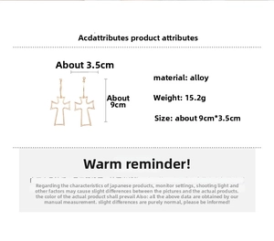 Detailed size and weight specs for hollow golden cross hoop earrings, 9cm x 3.5cm