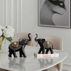 Modern black resin elephant sculptures with ethnic patterns for home cabinet decor