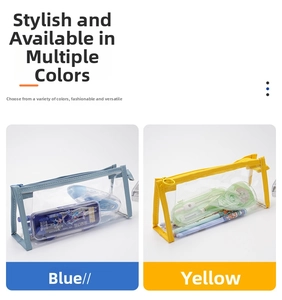 Macro detail of blue and yellow transparent triangular pencil cases with zipper