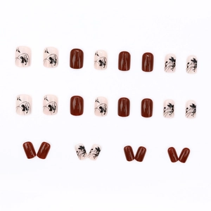 Glossy burgundy and ink-style floral square press-on nails set with 24 pieces