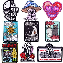 Detailed grid of 9 embroidered patches with skull, mushroom, and tarot card designs