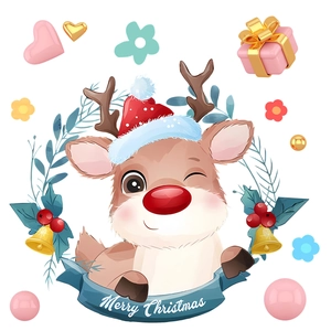 Close-up of cute cartoon reindeer Christmas wall sticker with Merry Christmas ribbon