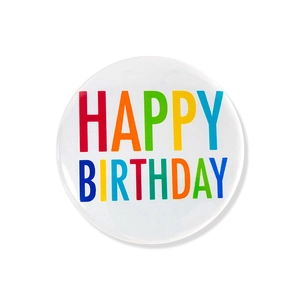 White tinplate Happy Birthday party badge with colorful lettering and glossy finish