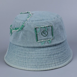 Unisex Denim Bucket Hat With Letter Embroidery Frayed Edges Sun Protection Adjustable Korean Style Streetwear Retro