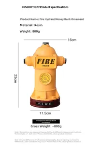 Vue détaillée d'une tirelire hydrant vintage en résine jaune avec dimensions et spécifications