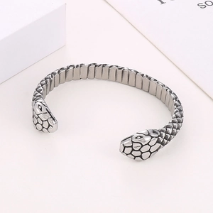 Vintage punk titanium steel open bangle with double snake head design and scale texture