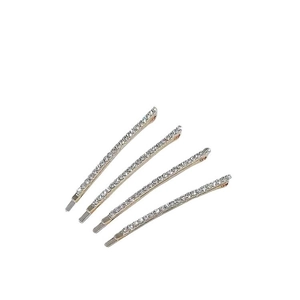 Set of four sparkling rhinestone hairpins in silver metal with a minimalist design
