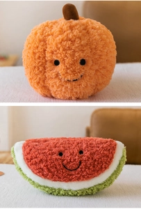 Adorabili peluche a forma di frutta con zucca e anguria sorridenti, taglia 30 cm.