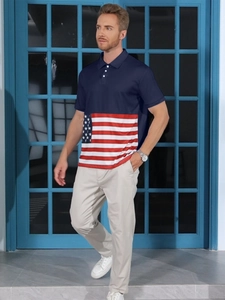 Detail of men's polo shirt featuring navy blue and American flag star stripes pattern