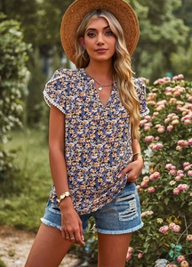 Close-up of floral print summer top for women paired with denim shorts in outdoor garden