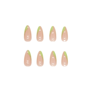 Almond shaped press-on nails in nude and neon green french tip design on white background