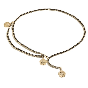 Ceinture chaîne dorée tressée de cuir noir avec pendentifs roses pour robes chic