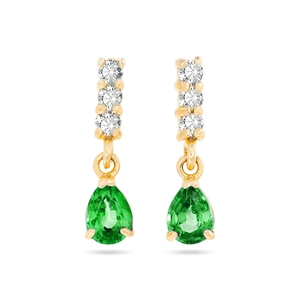 Elegant gold drop earrings with green pear-shaped gemstones and sparkling clear zircons