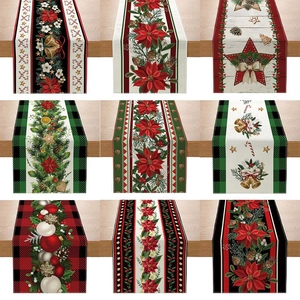 Christmas Table Runner Linen Texture Poinsettia Pine Cones Printed Festive Dining Table Decoration Home Party Holiday