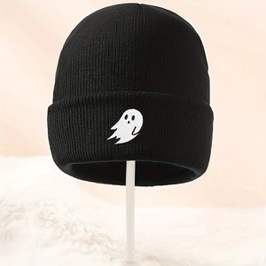 Unisex black knit beanie with cute ghost embroidery for Halloween outdoor warmth