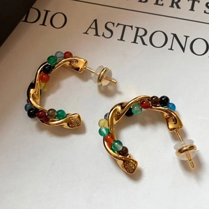 Chic gold-plated C-shape twist hoop earrings with multi-color stone beads for women