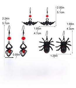 Detailed size chart for gothic spider and bat earrings showing dimensions in inches and cm