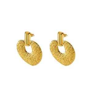 Golden 18K gold-plated stainless steel earrings with textured heart pendant and studs