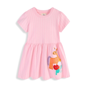 Pink striped cotton girl's dress with orange unicorn and red heart embroidery