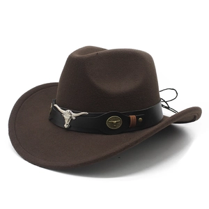 Western Cowboy Hat Wide Brim Felt Fedora With Leather Belt Metal Bull Horn Decoration Ethnic Style Outdoor Sun Hat