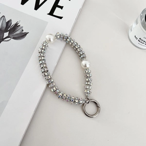 Silver luxury beaded phone strap with colorful rhinestones, pearls and a spring clasp