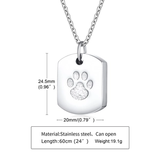 Polished stainless steel dog paw urn necklace with engraved pendant dimensions shown
