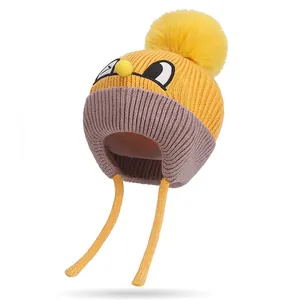 Baby Kids Winter Knitted Hat Soft Core-spun Yarn Warm Ear Protection Cartoon Eye Large Pompom Beanie Cap