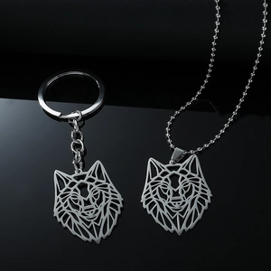 Wolf Head Pendant Necklace And Keychain Geometric Hollow Stainless Steel Jewelry Polished Ball Chain For Men