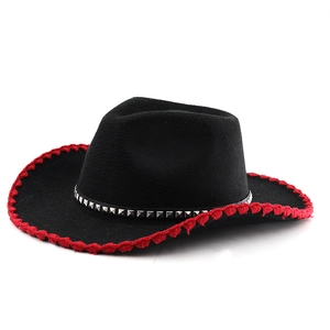 Classic black felt cowboy hat with red stitched brim and silver studded leather band