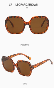 Detailed front and side views of leopard print oversized square sunglasses with brown lenses