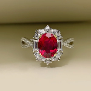 Luxury Oval Red Corundum Adjustable Open Ring For Women Copper Inlaid Sparkling White Zircon Elegant Flower Jewelry