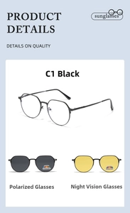 Detail of round metal glasses frame with magnetic polarized and night vision clip-ons