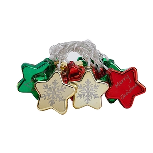 Festive star shaped Christmas string lights in red, gold and green metallic colors