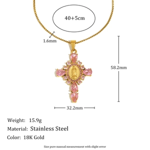 Collier croix en acier inoxydable plaqué or 18K avec pierres roses et Marie