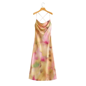 Tie dye satin slip midi dress with cowl neck and criss-cross back in pastel colors